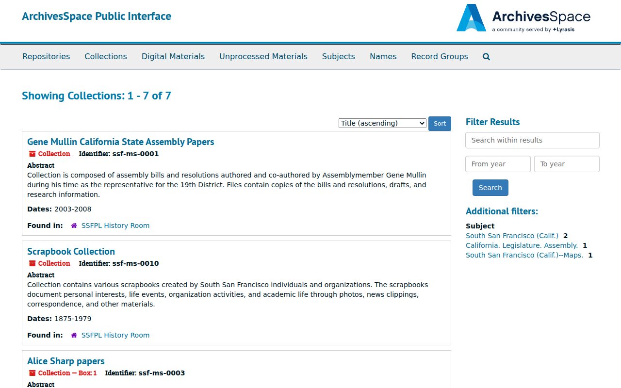 South San Francisco people directories ArchivesSpace collection search