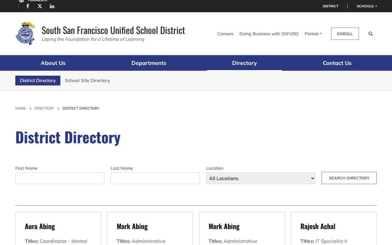 South San Francisco people directories SSFUSD staff search