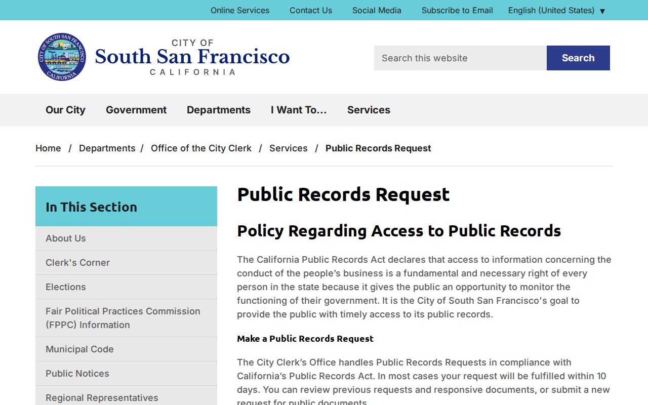 South San Francisco public records request instructions from the City Clerk